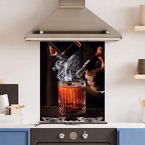 Multicolour Whiskey Cocktail Glass Printed Tempered Glass Kitchen Splashback, W: 60 cm, H: 75 cm, Thickness: 6 mm
