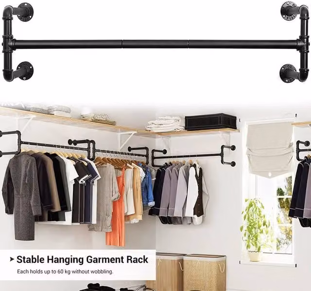 FLAVORA Industrial Metal Clothes Rail in Matt Black, Width: 105 cm