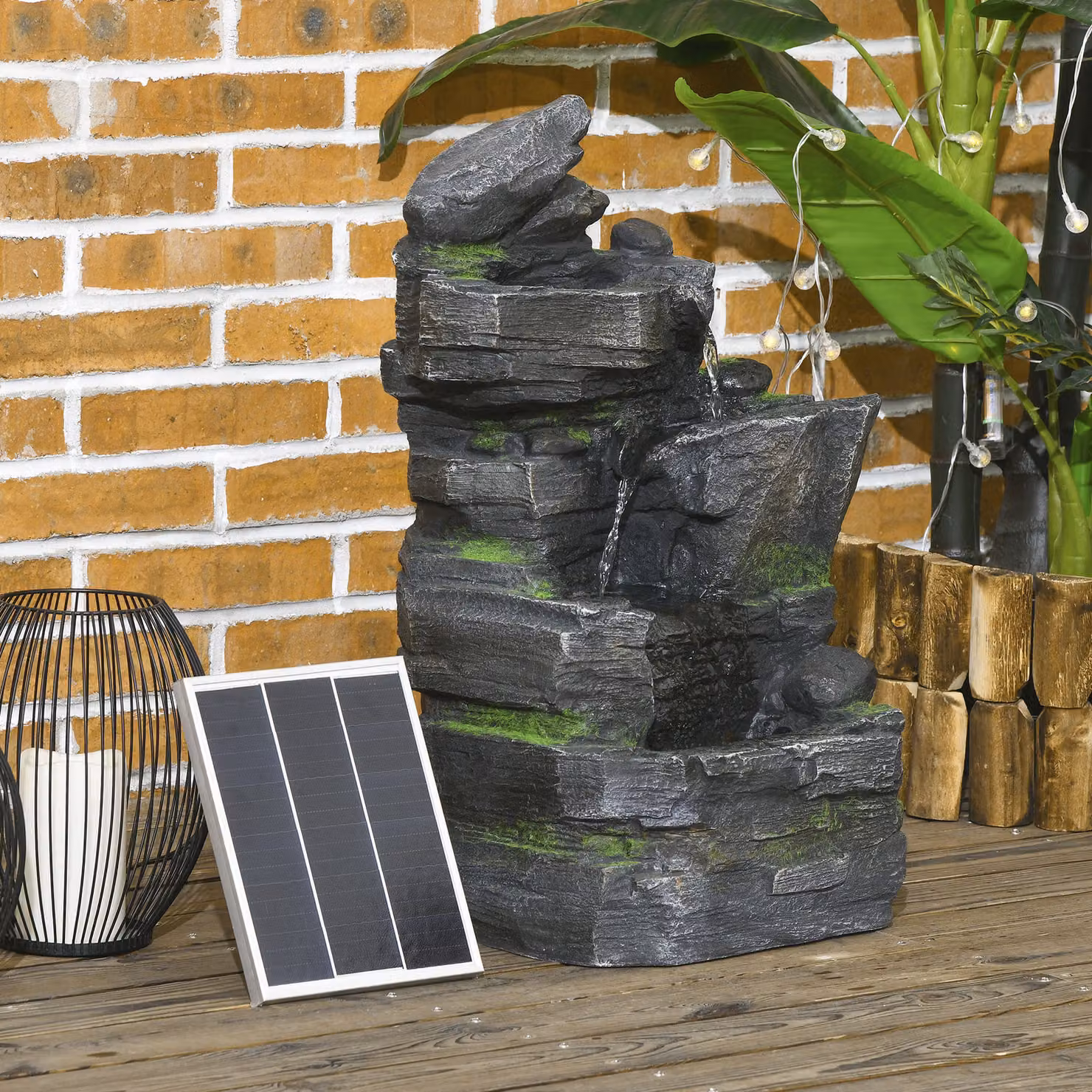 Outsunny Solar-Powered Garden Water Fountain with LED Lights, Stone Rock Tower Cascade in Dark Grey – 2