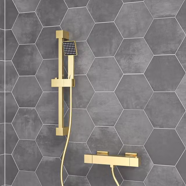 Nes Home Square Thermostatic Mixer with Slider Rail and Handset in Brushed Brass Gold