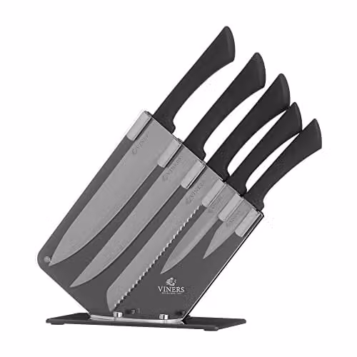 Viners 6 Piece Stainless Steel Knife Set with Block in Black featuring Soft Touch Handles