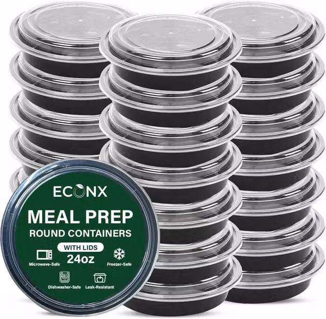 ECONX 30 Pack Black Round Airtight Meal Prep Containers with Lids, 710 ml, Leakproof and BPA Free
