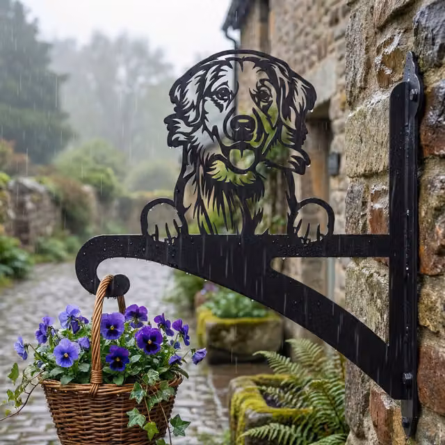Laser Hut Golden Retriever Hanging Basket Bracket in Black Metal