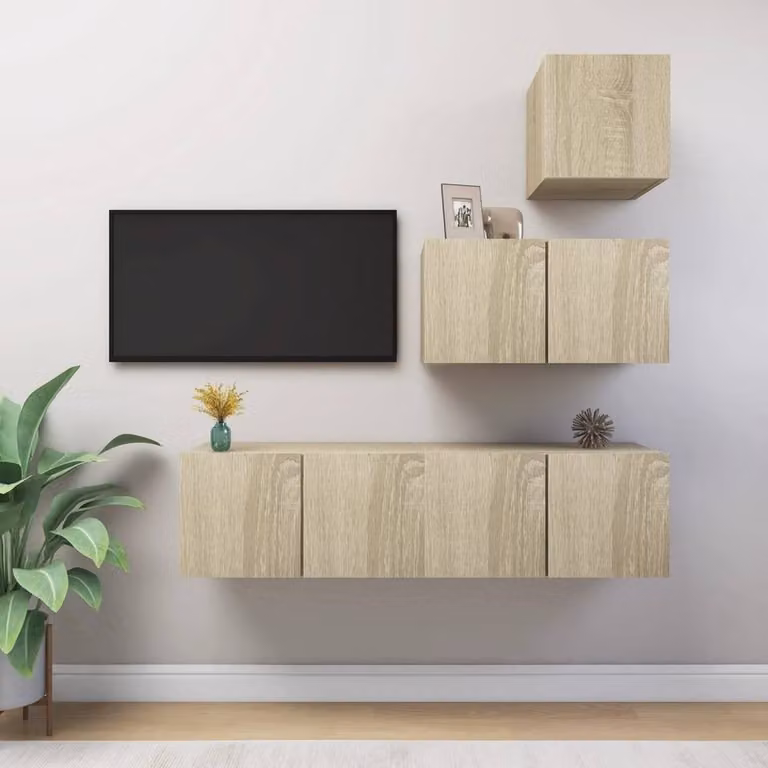 Berkfield Home Modern 4 Piece TV Cabinet Set in Sonoma Oak and Beige Engineered Wood