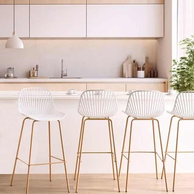 Wyld and Coco Set of 4 White Modern Bar Chairs with Synthetic Leather Seats and Iron Frames