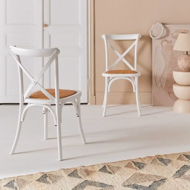 sweeek Set of 2 White Vintage Wooden Bistro Chairs with Rattan Details