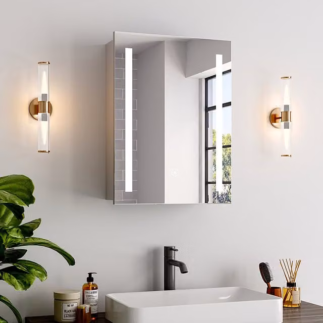 Komore Modern White Wall Mounted Bathroom Mirror Cabinet with LED Sensor Lighting and Internal Shelves