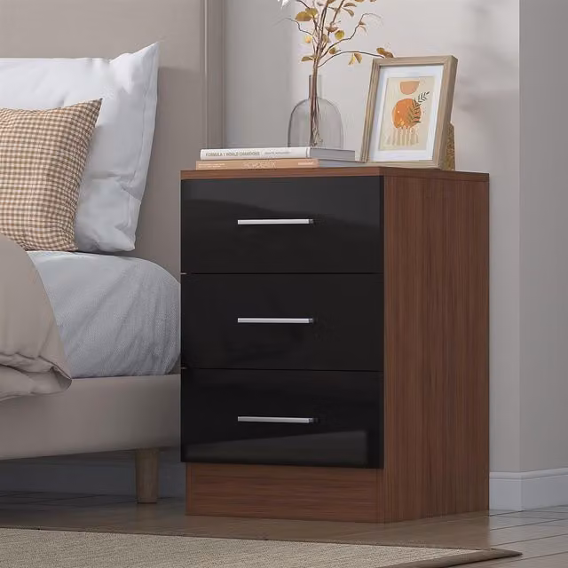 REFLECT 3 Drawer Bedside Cabinet in Black High Gloss and Matt Walnut Finish