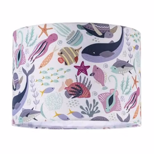 Happy Homewares Multicolour Underwater Fabric Cylinder Lampshade with Whales, Turtles, Tropical Fish and Octopuses, Diameter: 25 cm, Height: 18 cm