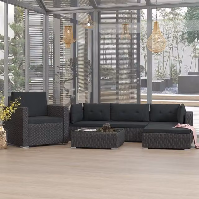 Berkfield Home 6 Piece Black Poly Rattan Garden Lounge Set with Cushions and Ottoman