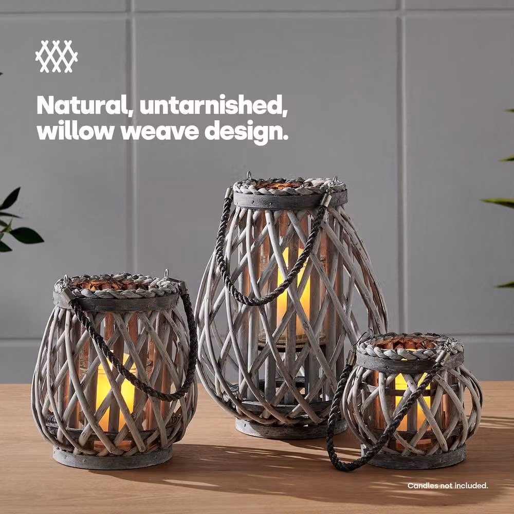LIVIVO Set of 3 Grey Wicker Candle Lanterns with Hemp Rope and Willow Twigs for Pillar or Tealight Candles – 2