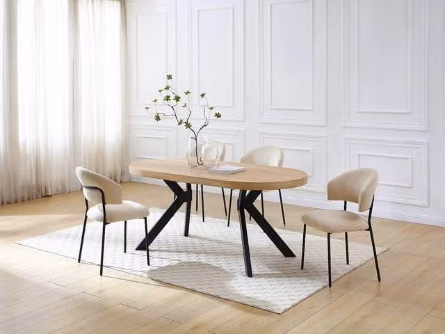 Vente-unique Extendable Round Dining Table for 6 People in Light Oak and Black MDF and Metal