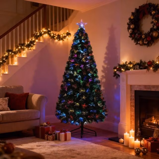 Shatchi Green Flowers Fibre Optic LED Pre-Lit Christmas Tree with Multicolour Lights, Height: 120 cm
