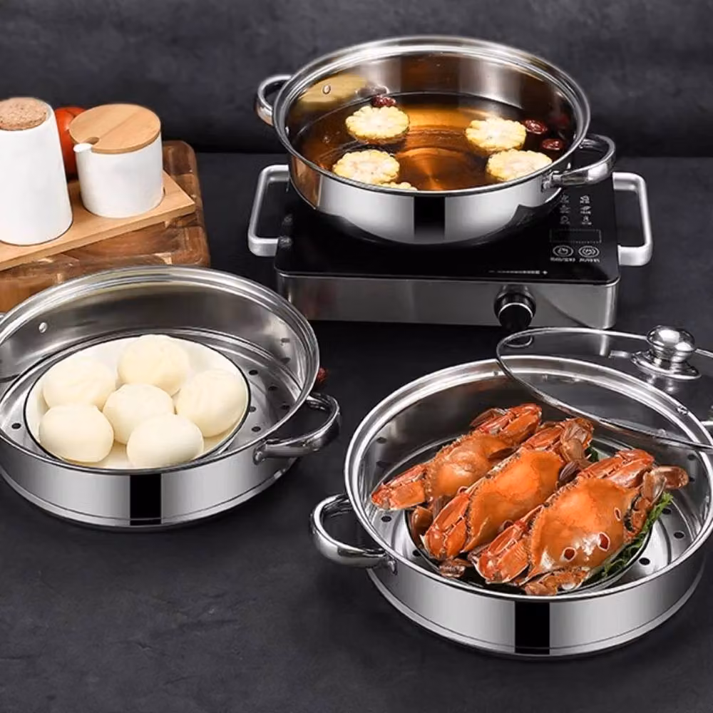 VOGREX 3-Tier Stainless Steel Steamer Pan with Glass Lid, Silver, 28 cm – 4
