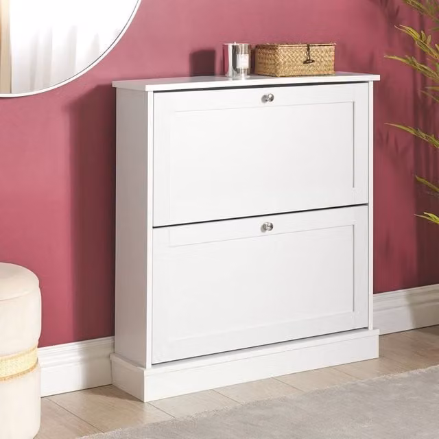 Wyld and Coco Modern White Shoe Storage Cabinet with 2 Tilting Compartments, W76 x D19 x H80 cm