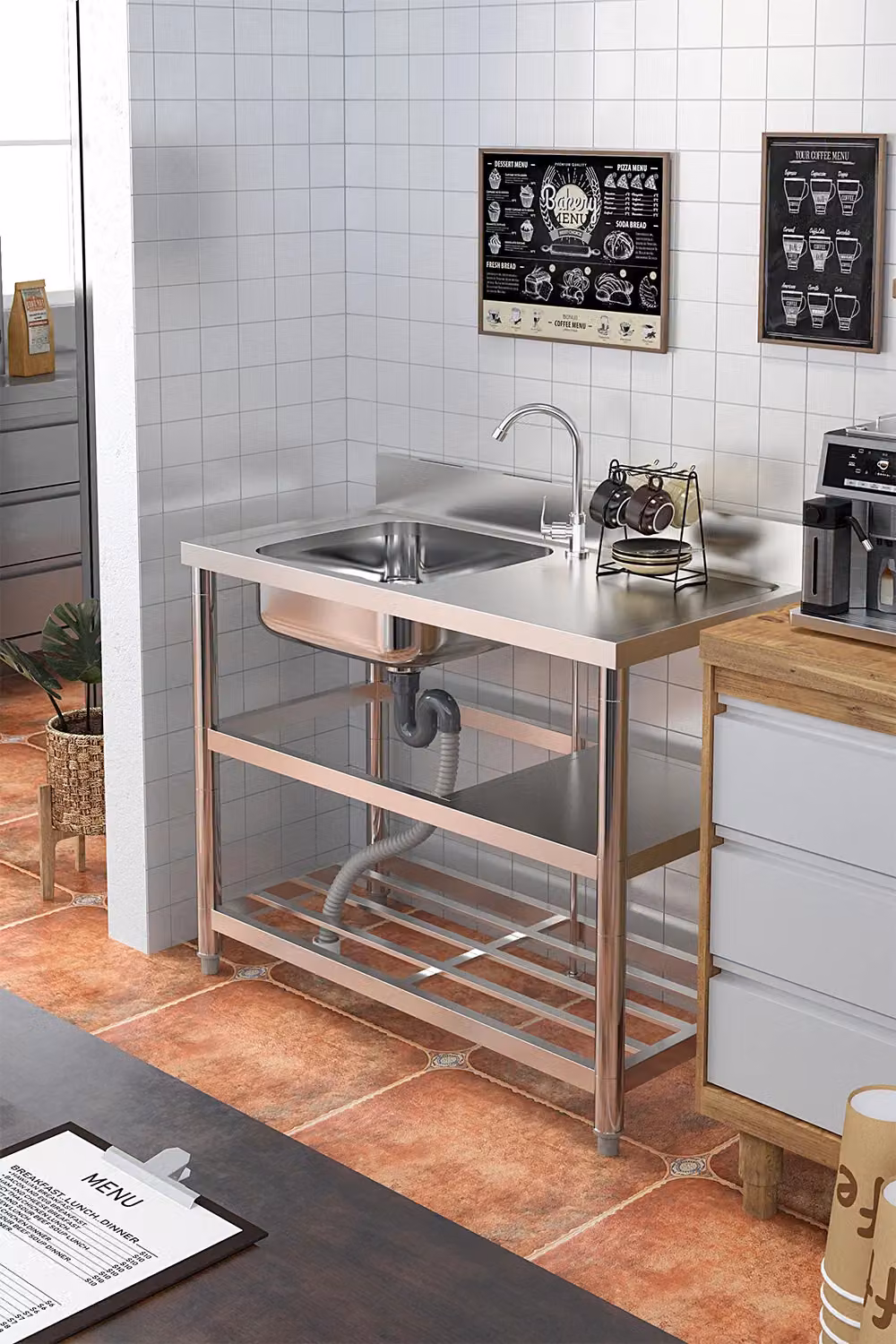 Living and Home Stainless Steel One Compartment Sink with Shelves in Silver – 2