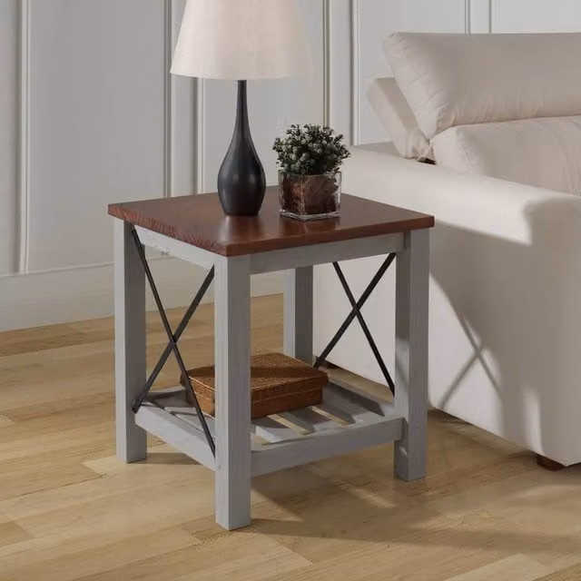 FORGEVIO Grey Painted Pine Cottage Lamp Table with Storage Shelf and X-Frame Design