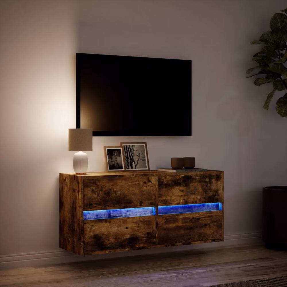 Berkfield Home Modern Wall-Mounted TV Cabinet with LED Lights in Smoked Oak Brown, W: 100 cm, D: 31 cm, H: 45 cm – 5