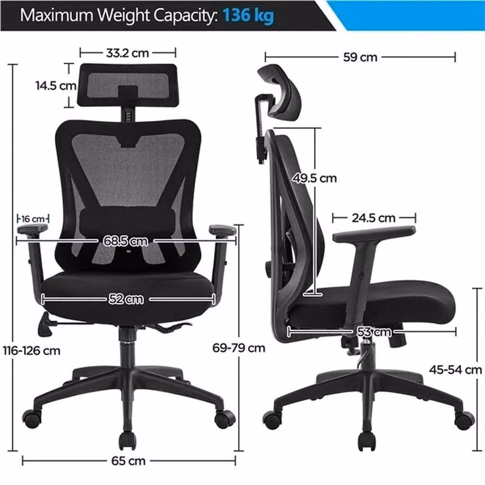 Kelvenix Ergonomic Black Fabric Office Desk Chair with Headrest and Armrests – 2
