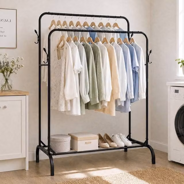 Levede Heavy Duty Carbon Steel Clothes Rail with 2 Rods and Shelf in Matt Black