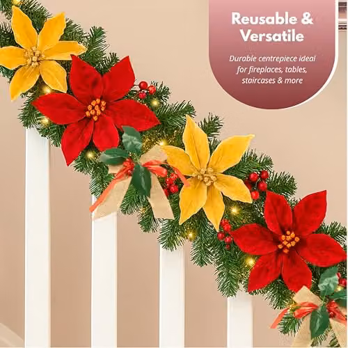 Marco Paul 9ft Pre-Lit Christmas Garland with Red and Gold Flowers and Green Accents – 6