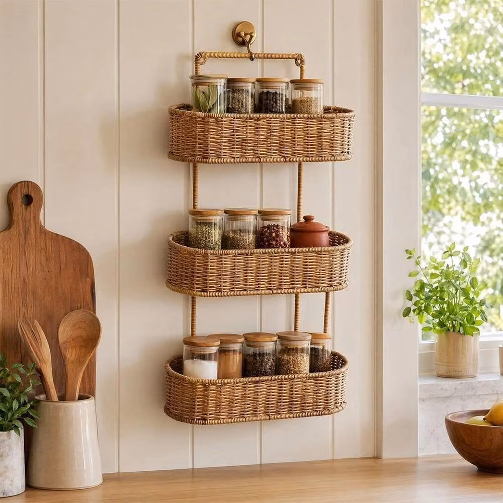 VOGREX 3-Tier Oval Rattan Hanging Wall Storage Basket in Beige – 3