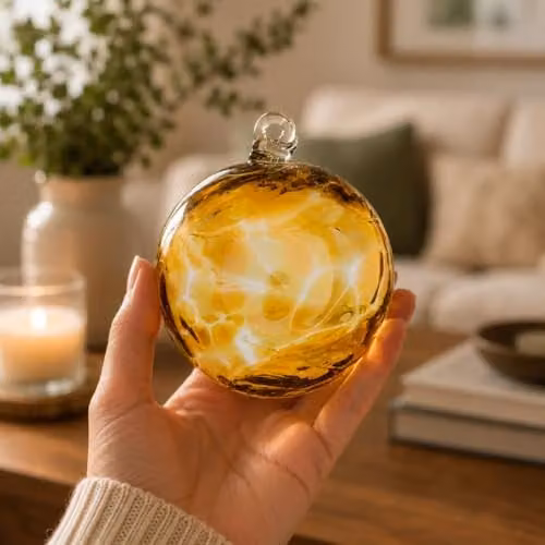 Sienna Glass Topaz Friendship Ball Hanging Glass Ornament in Amber and Yellow, 10 cm – 2