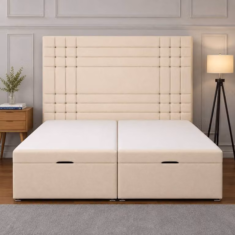 Soft Snooze Beds Modern Upholstered Ottoman Storage Bed with Panelled Headboard in Grey, W/D/H: 140 x 200 cm