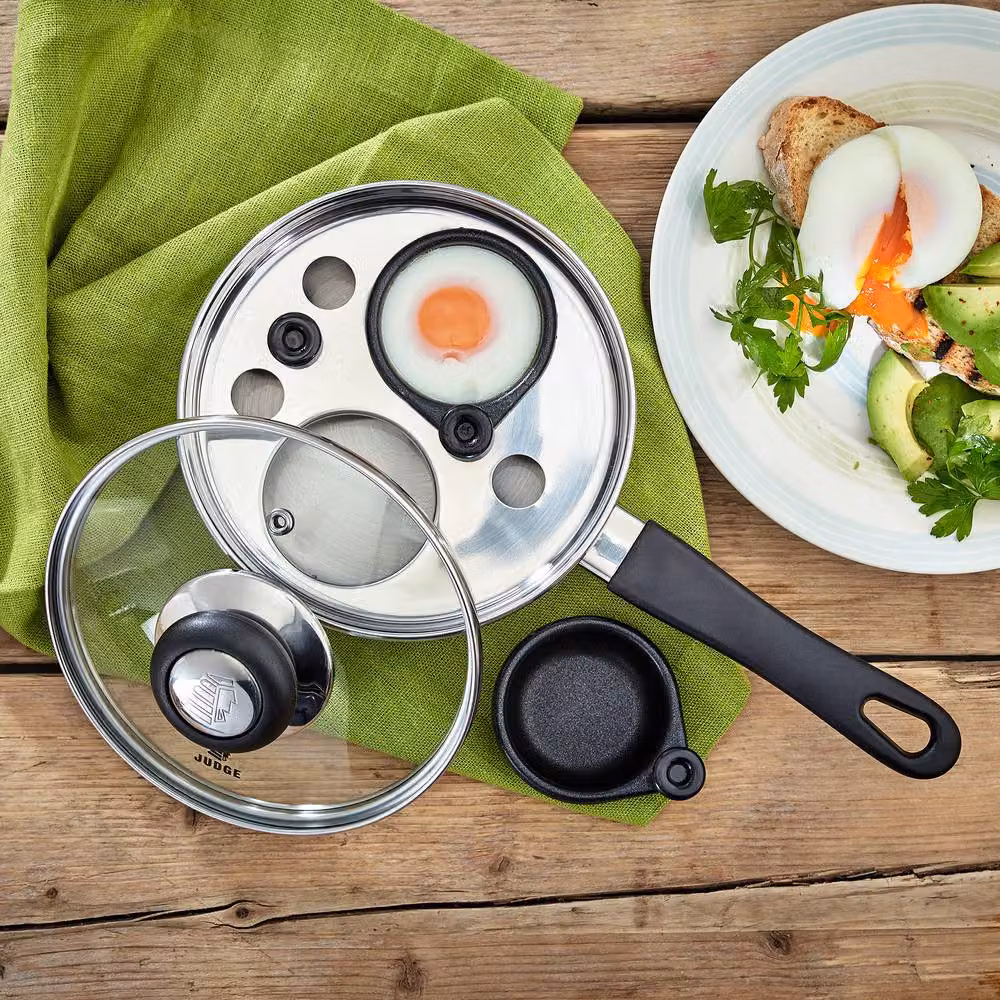 Judge Vista Stainless Steel Two Cup Egg Poacher and Frying Pan with Shatterproof Vented Glass Lid in Silver – 2