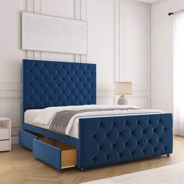 BSSPOKE Maya Plush Velvet Super King Divan Bed with 54 inch Headboard and 2 Same Side Drawers in Blue, W/D/H: 180 x 163 x 30.48 cm