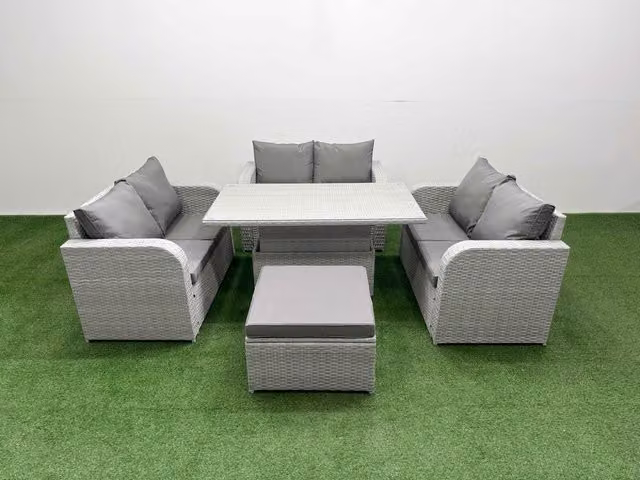 Fimous 7 Seater PE Wicker Rattan Garden Furniture Set in Light Grey with 2 Seater Love Sofa, Big Footstool and Adjustable Lifting Dining or Coffee Table