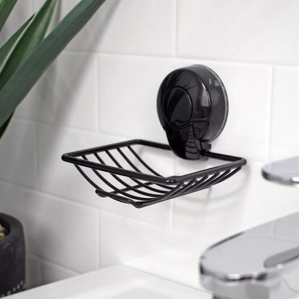 Showerdrape Suctionloc 3 Piece Black Wall Mounted Bathroom Accessory Set with Soap Dish and Toilet Roll Holder – 3