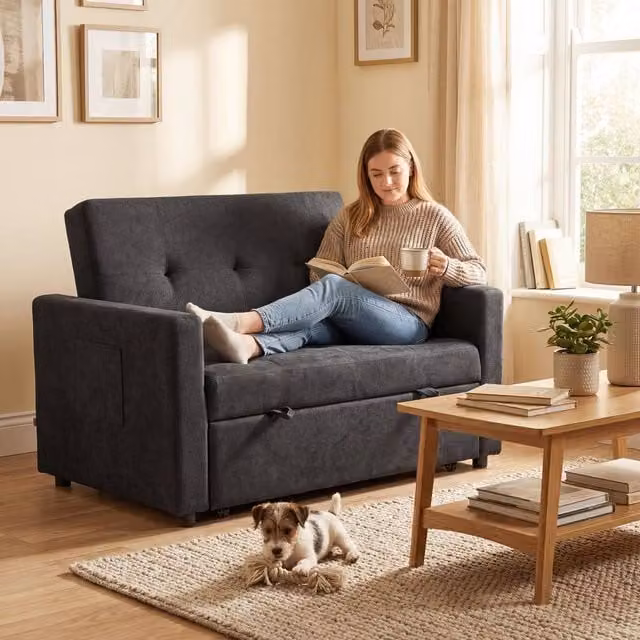 HOMCOM 2 Seater Click-Clack Sofa Bed with Scatter Cushions, Black, W/D/H: 120 x 84 x 86 cm – 1