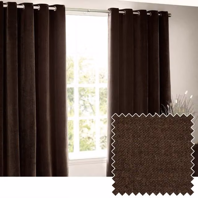 Make It A Home Brown Chenille Velvet Room Darkening Eyelet Curtains, Width: 229 cm