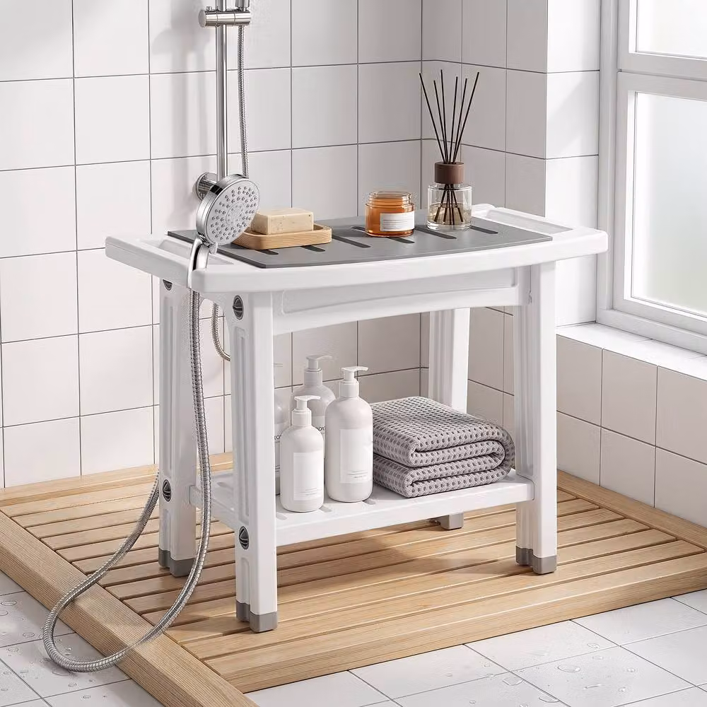 HOMCOM 2-Tier Bathroom Shower Bench with Shelf in White and Grey – 2
