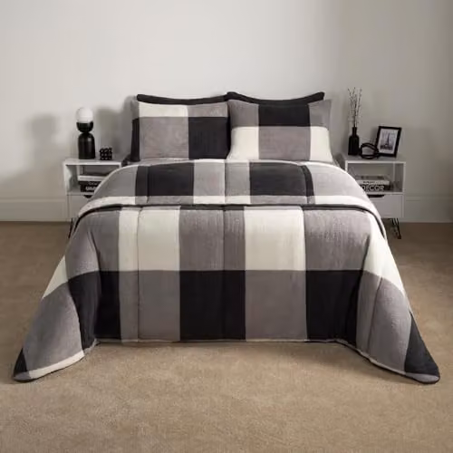 OHS Gingham Teddy Fleece Coverless Double Duvet and Pillowcase Set, 10.5 Tog, Grey, W/D/H: 200 x 200 cm – 1