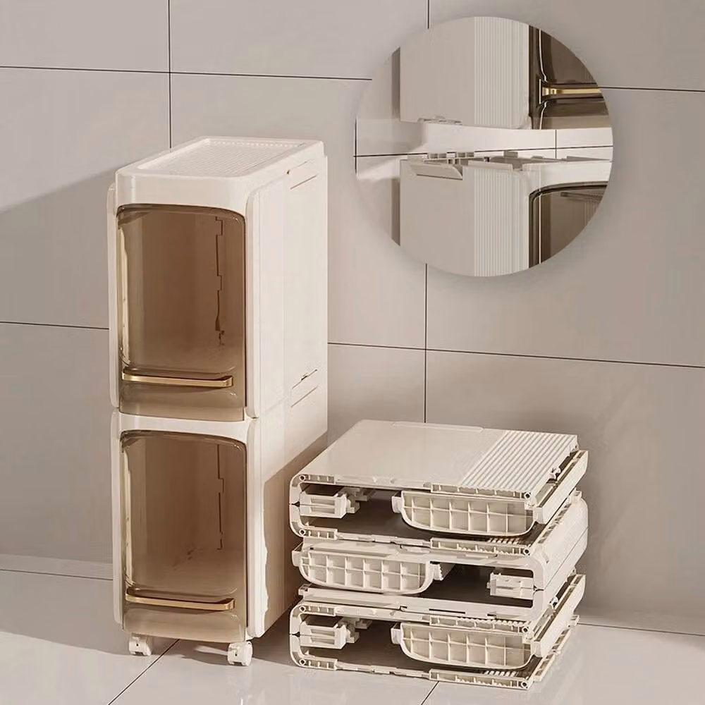 SPETLEK 2-Tier Rolling Slim Tall Bathroom Cabinet Storage with Internal Shelves in Beige – 3