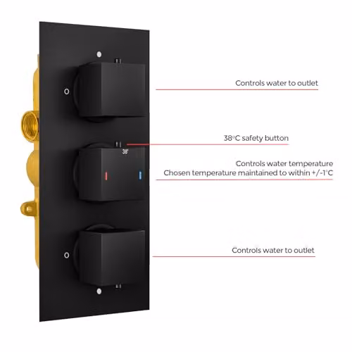 Bathroom Republic Orta Square Concealed Thermostatic Shower Valve with 3 Dials and 2 Outlets in Matt Black – 3