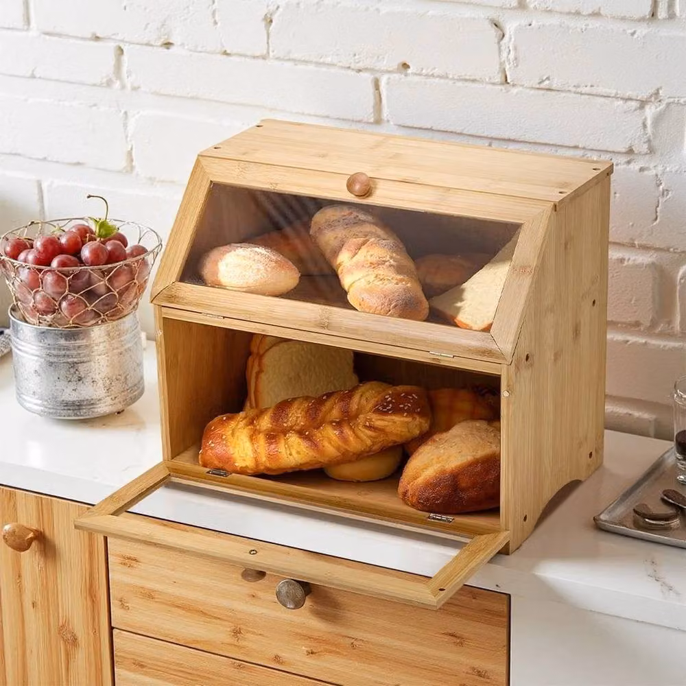 FORGEVIO 2-Tier Natural Bamboo Wood Bread Bin Storage Box in Beige and Brown – 3