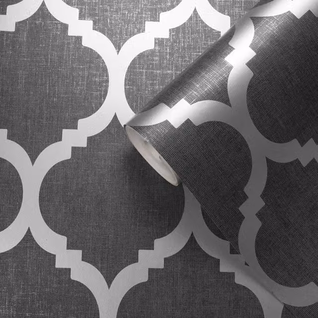 Muriva Trellis in Black, Silver and Grey