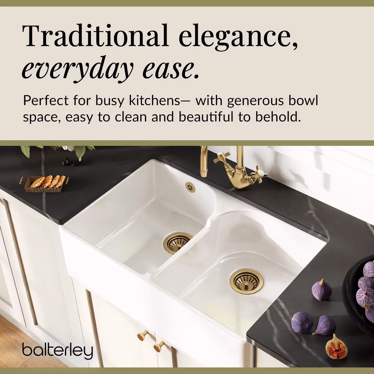 Balterley White Ceramic Double Bowl Butler Sink with Brushed Brass Crosshead Mixer Tap and Wastes, W: 79.5 cm – 3