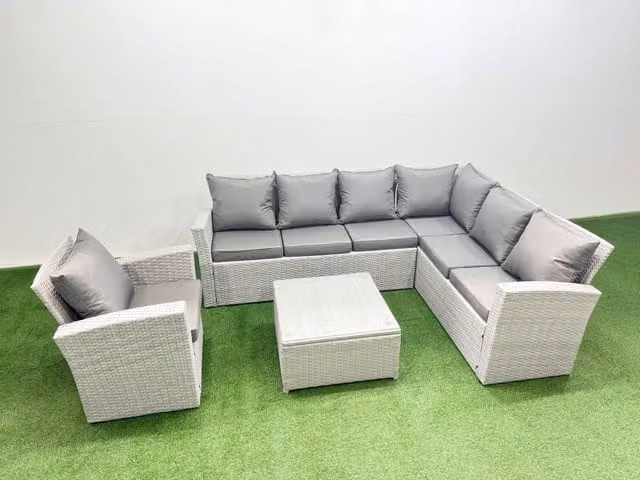 Fimous 7 Seater Rattan Garden Furniture Set in Light Grey with Upholstered Cushions