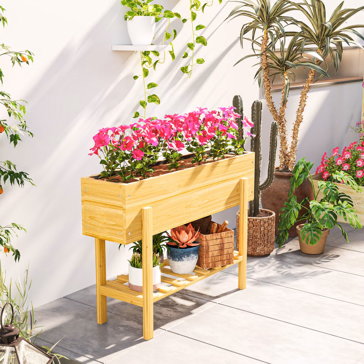 Outsunny Brown Elevated Wooden Raised Garden Bed with Shelf and Liner, W: 100 cm, H: 71 cm, D: 30 cm – 7