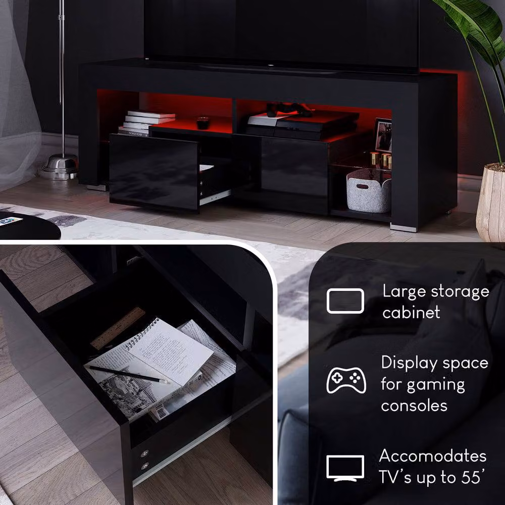 HD Designs Vida Designs Luna Modern Glossy Black 2 Drawer LED TV Unit with Glass Details – 5
