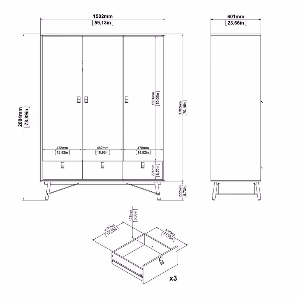 Wyld Haus Juno 3 Door 3 Drawer Wardrobe in Natural Oak, H 200.4 cm x W 150.2 cm x D 60.1 cm – 3