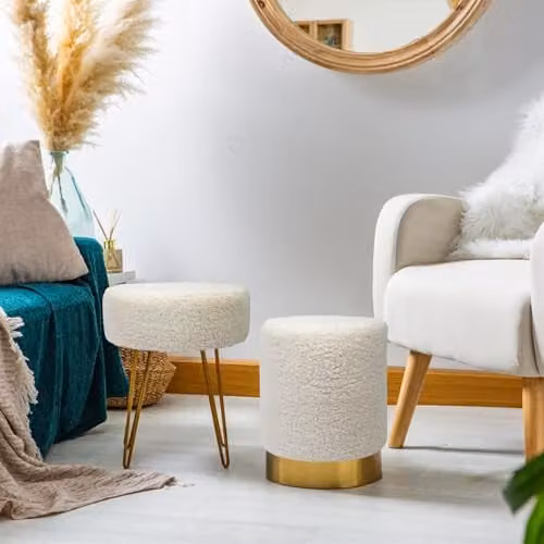 Harbour Housewares Round Boucle Footstool in Beige with Gold Metal Legs – 3