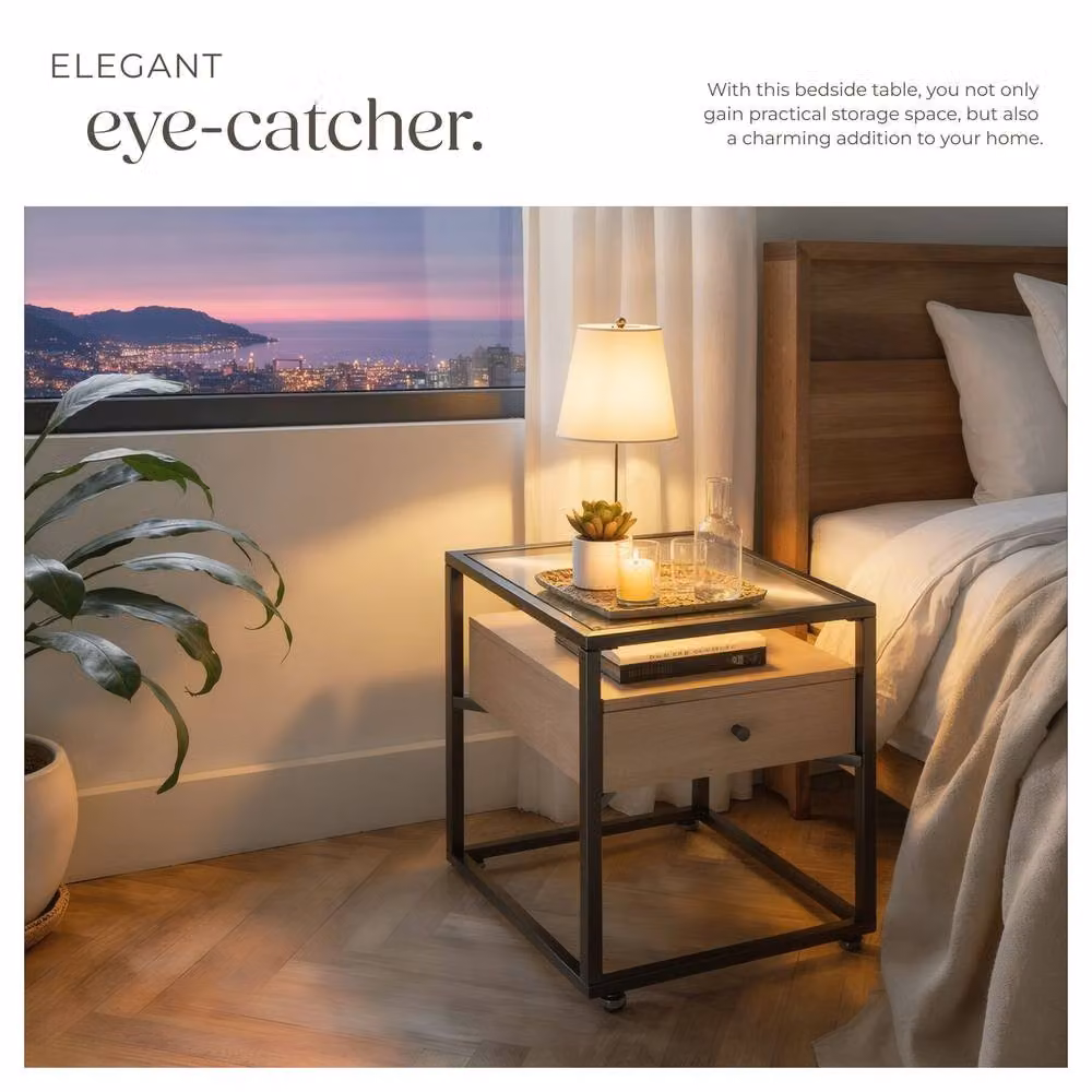 tectake Nightstand with Glass Surface and Drawer in Light Oak – 5