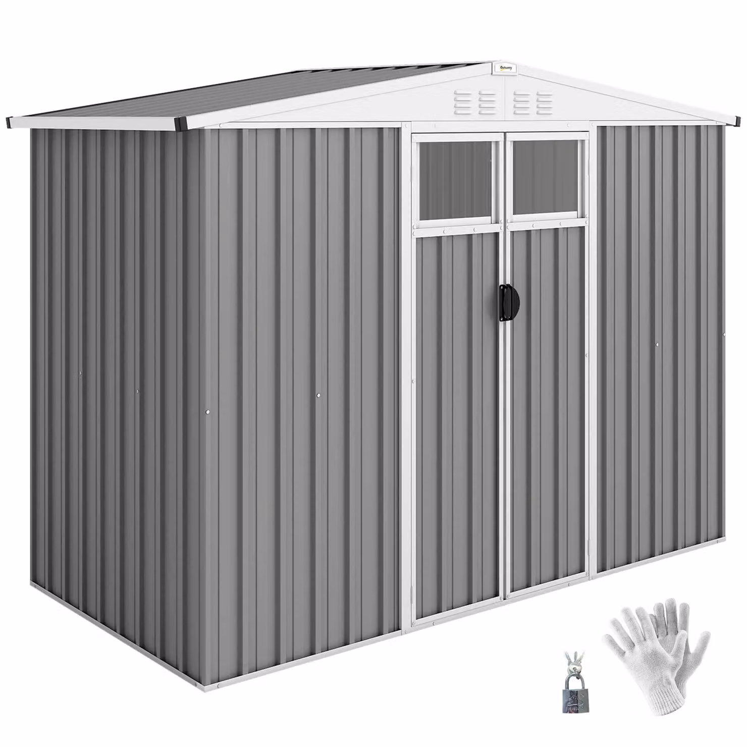 OUTSUNNY Light Grey Galvanised Steel Garden Storage Shed with Double Doors, Window and Side Vent, W/D/H: 243.84 x 121.92 x 180 cm – 2