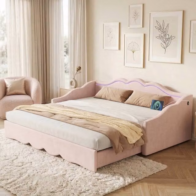 Rolipo Pink Velvet Extendable Daybed with LED Lighting and USB Charging Port, W/D/H: 180 x 190 cm
