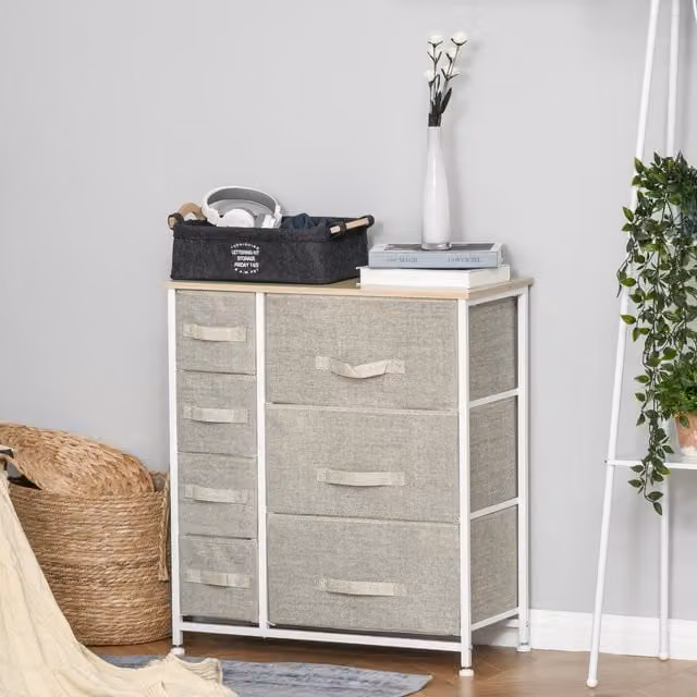 HOMCOM 7 Drawer Chest of Drawers with Metal Frame in Light Grey
